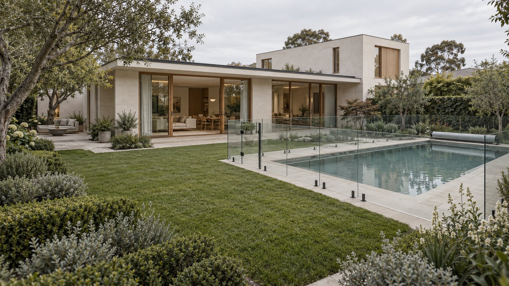 Architectural concept of a contemporary mineral-white home with an offset pool behind a glass barrier, separate lawn and outdoor sitting place.