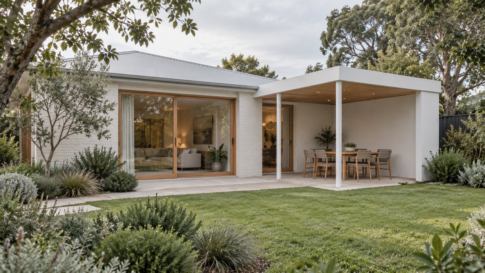 Architectural concept of a white garden-facing home with a covered outdoor dining area beside a living-room opening under a shallower eave.