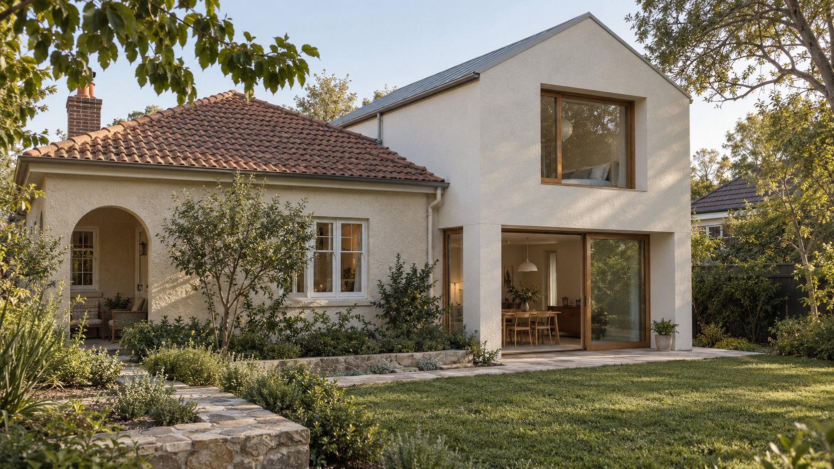 Architectural concept of a white two-level garden addition beside a cream rendered home with a tiled roof and arched porch.