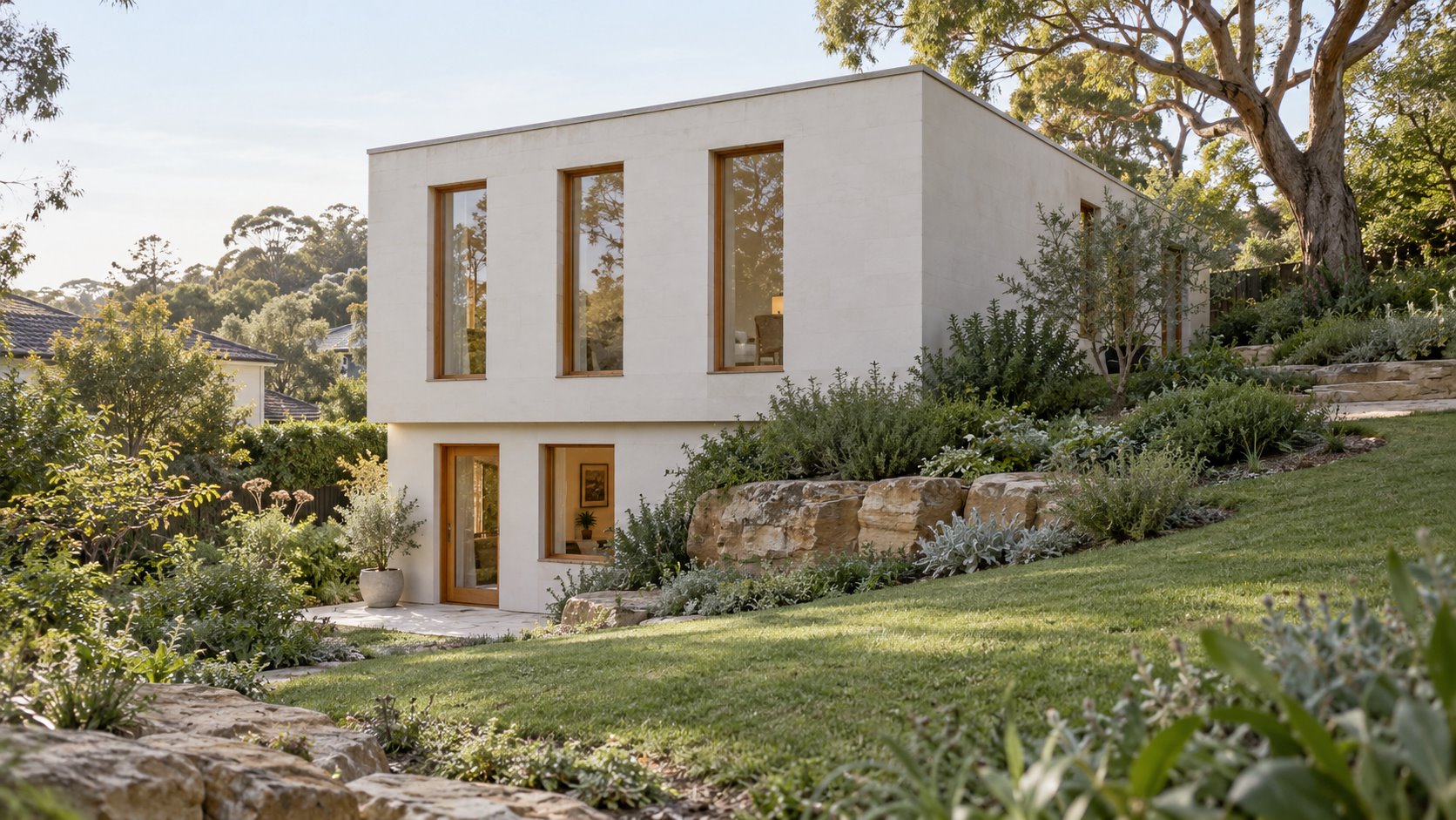 Architectural concept of a compact white house with a lower garden doorway, while planted ground rises beside the building's sandstone-edged side.