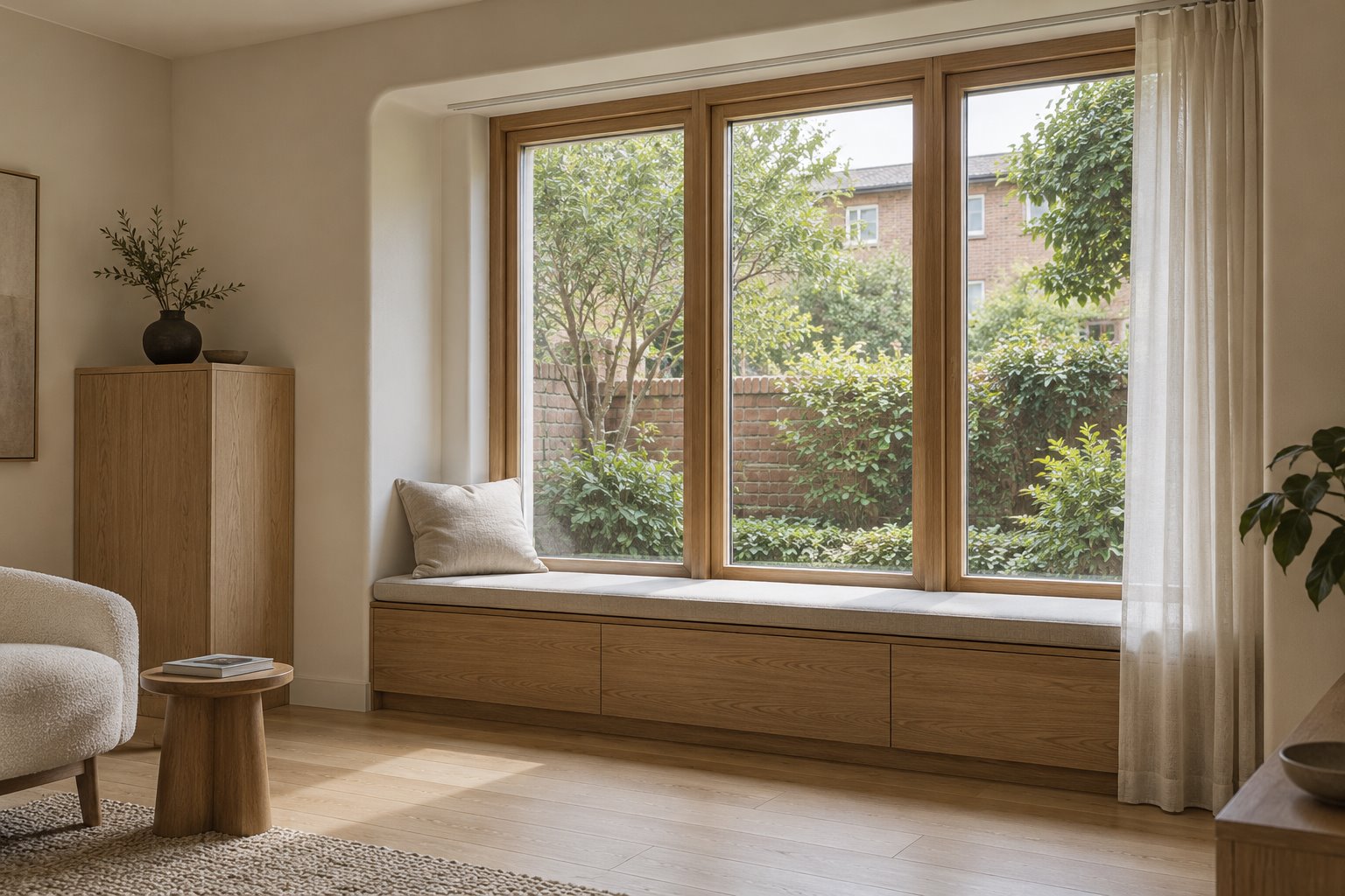 Architectural concept of a timber window seat with storage, a sheer curtain and a planted garden outlook in a restrained apartment interior.