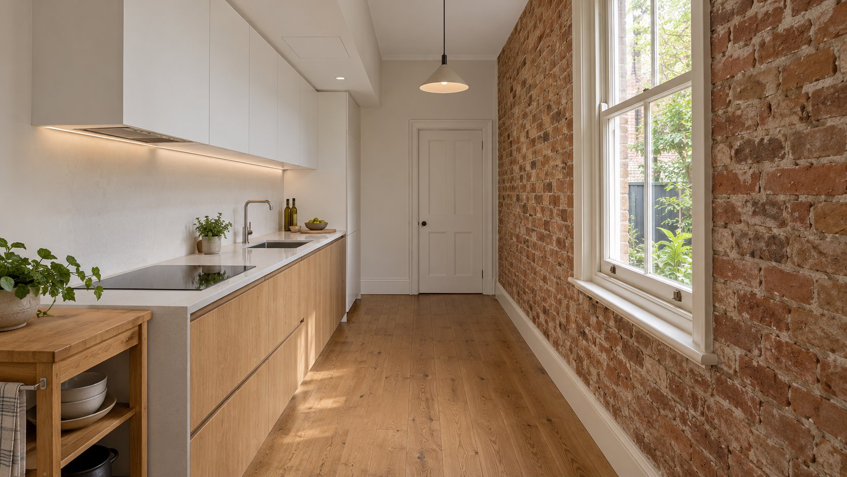 Architectural concept of a compact kitchen with a lowered ceiling strip over new joinery, beside retained brickwork and a tall sash window.