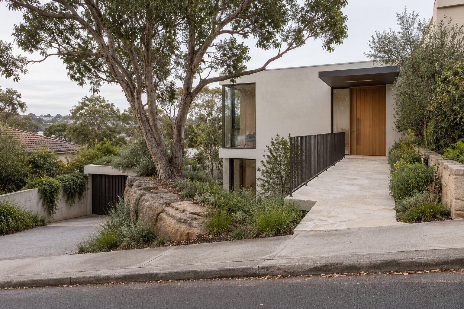 Architectural concept of a contemporary house with an upper pedestrian approach beside retained sandstone and planting, separate from a lower driveway.