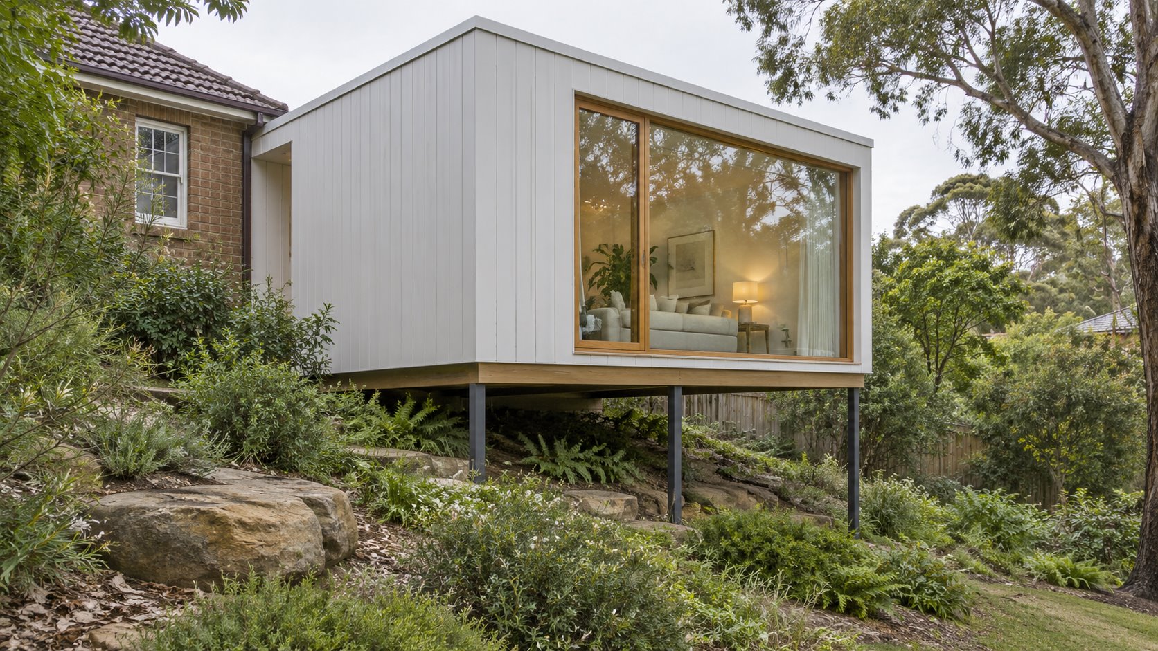 Architectural concept of a compact white panelled rear room on visible posts beside an older brick house, above a sloping sandstone and planted garden.