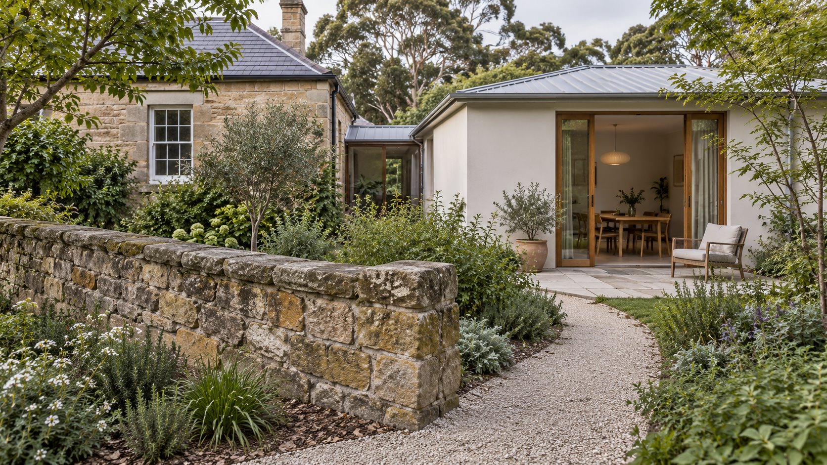 Architectural concept of a gravel path curving around the intact end of a low sandstone garden wall towards a white extension beside an older stone house.