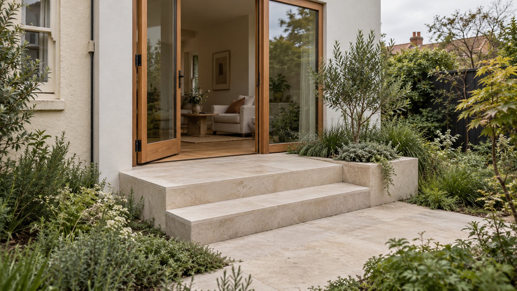 Architectural concept showing a timber garden door opening onto a small pale stone landing, with broad steps to a lower planted terrace.