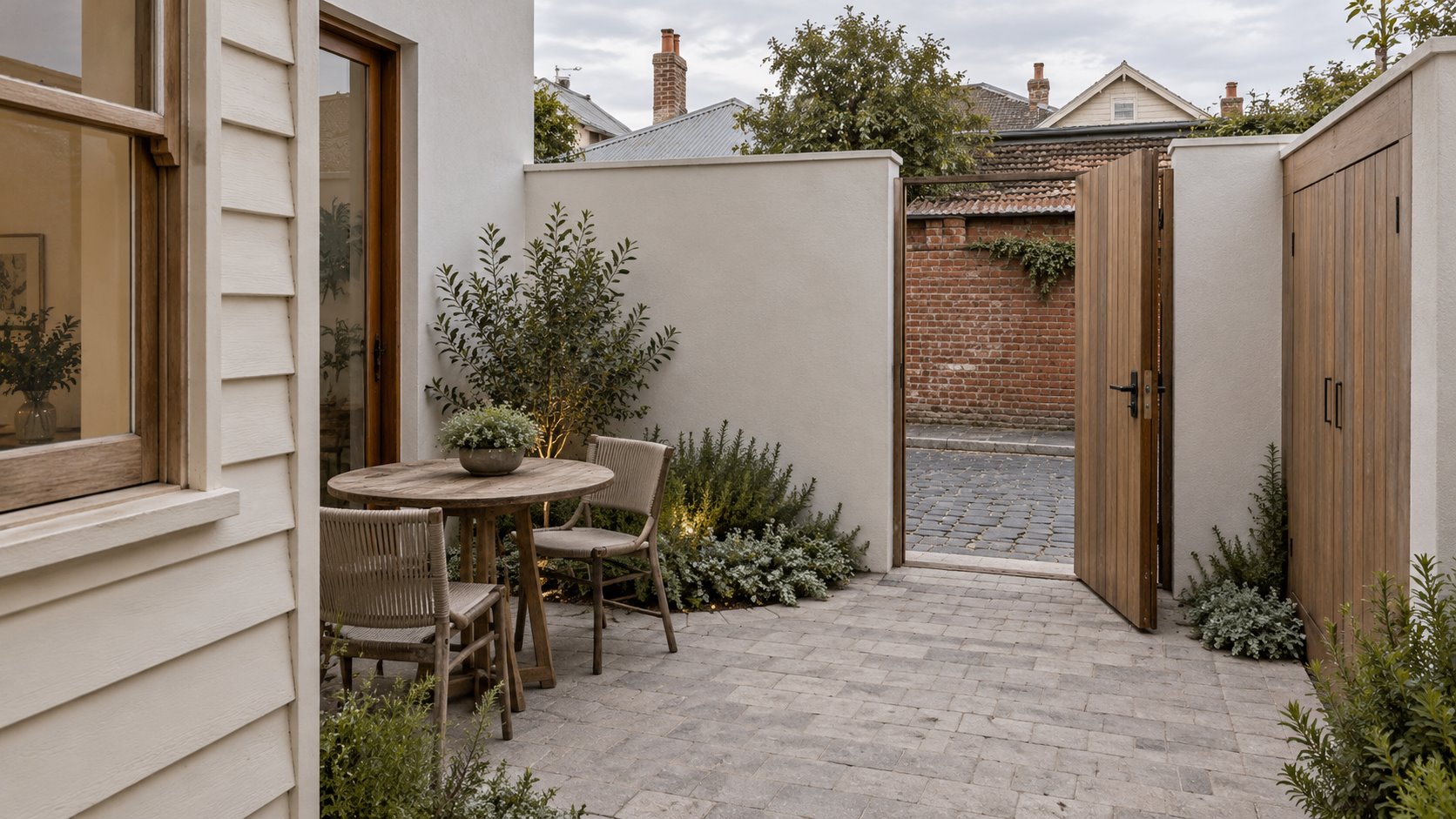 Architectural concept of a compact courtyard with weatherboard and rendered house walls, a small table, timber storage and an open pedestrian gate to a bluestone lane.