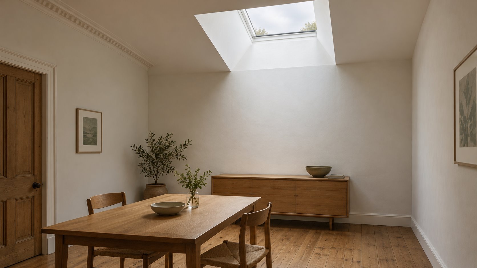 Architectural concept of a small dining room with a deep splayed rooflight beside a plain wall, retained cornice and timber door.