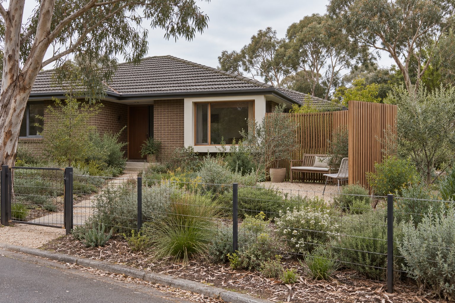 Architectural concept of a low brick house behind an open wire fence, with a timber screen around a small garden seat.