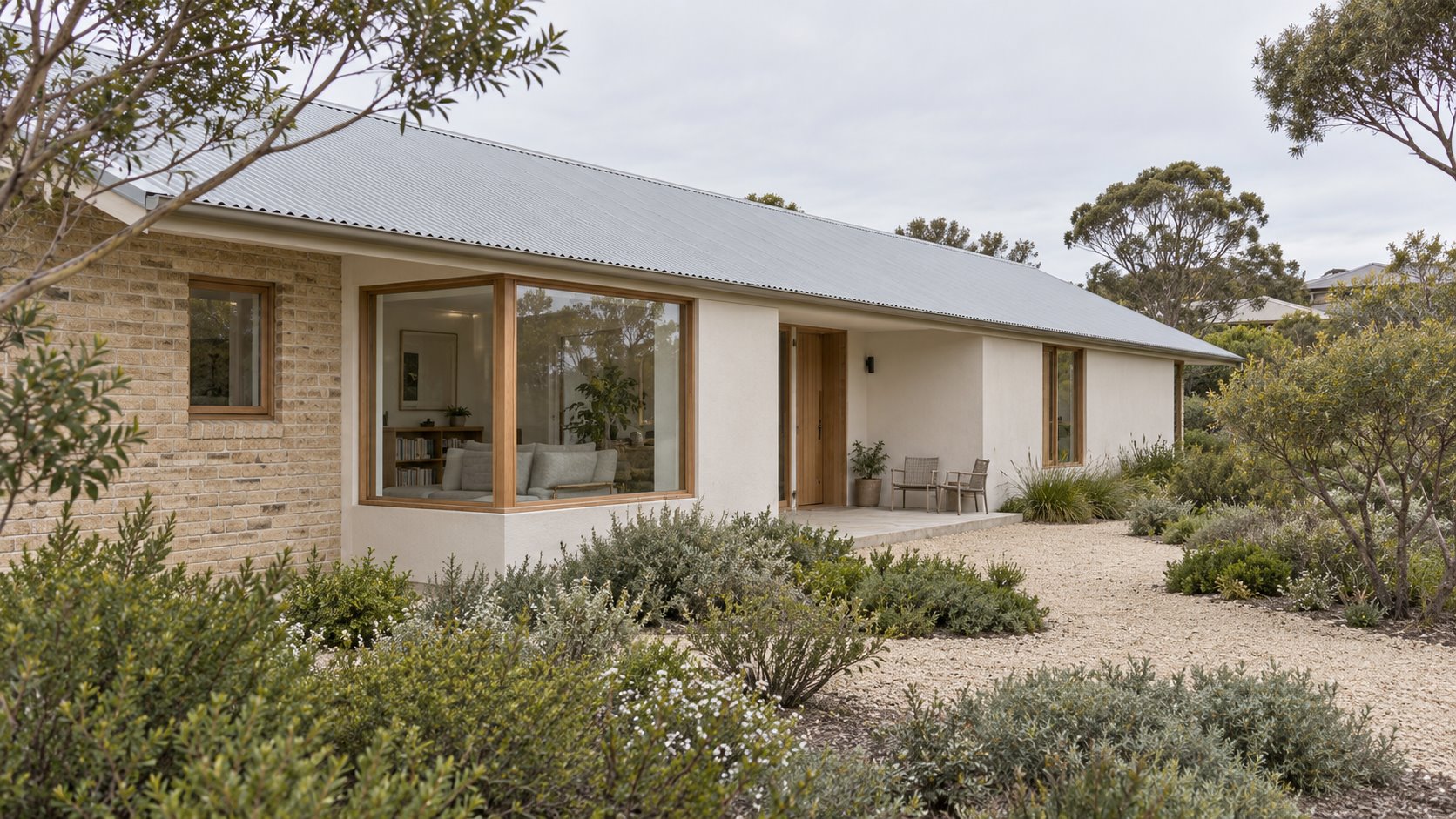 Architectural concept of a low home with retained sandy brick, white rendered walls, a timber corner living-room window and smaller openings beside a coastal-shrub garden.