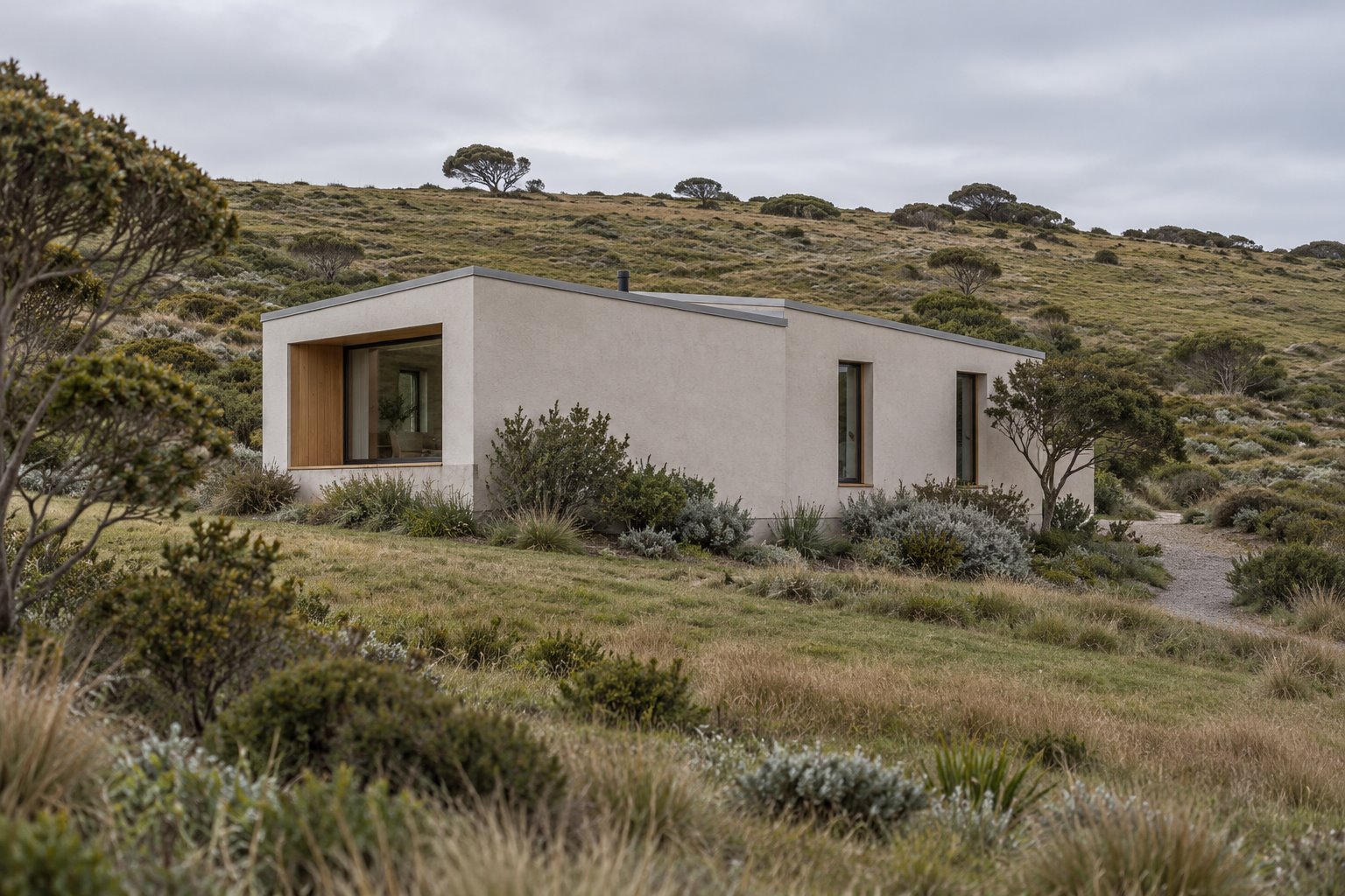 Architectural concept of a compact pale home with a low angled roof, seen against rising grass and coastal shrubs.