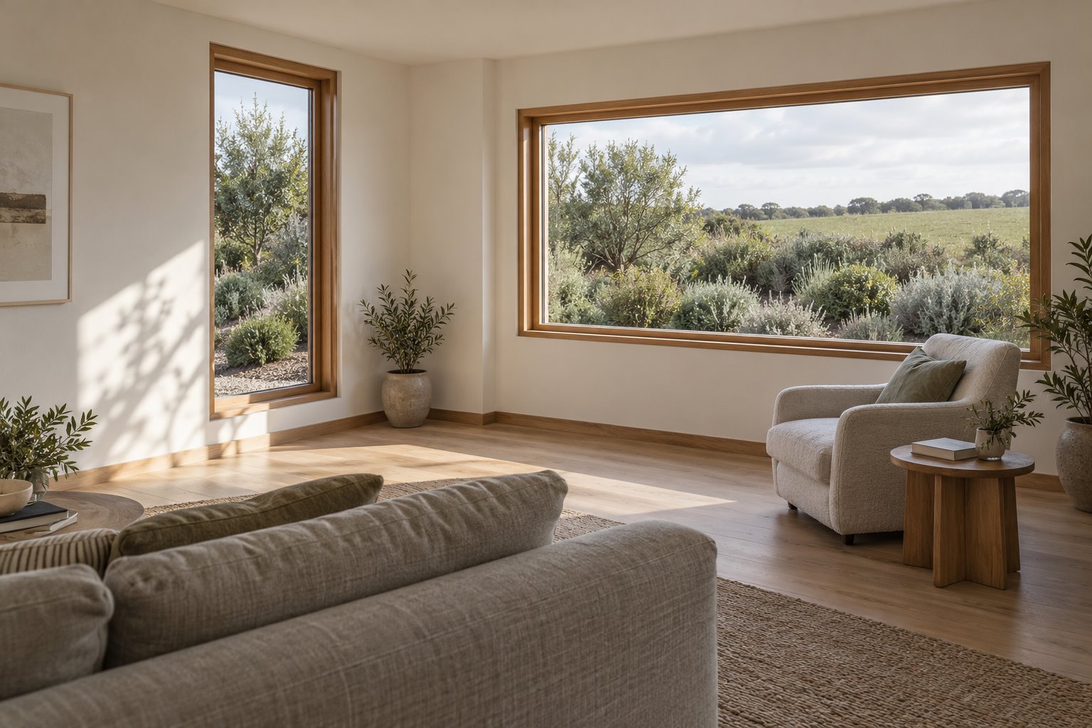 Architectural concept of a sitting room with a broad garden picture window, a separate tall side window and solid wall at the corner.
