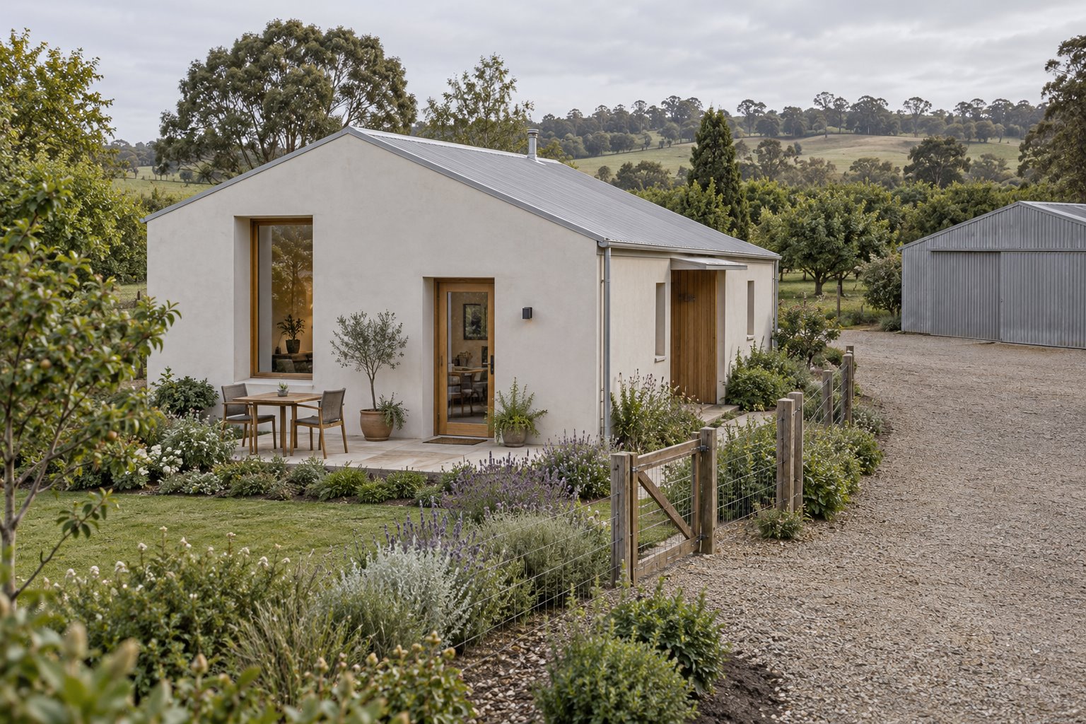 Architectural concept of a pale gabled home with a planted sitting garden beside a separate gravel yard and metal shed.