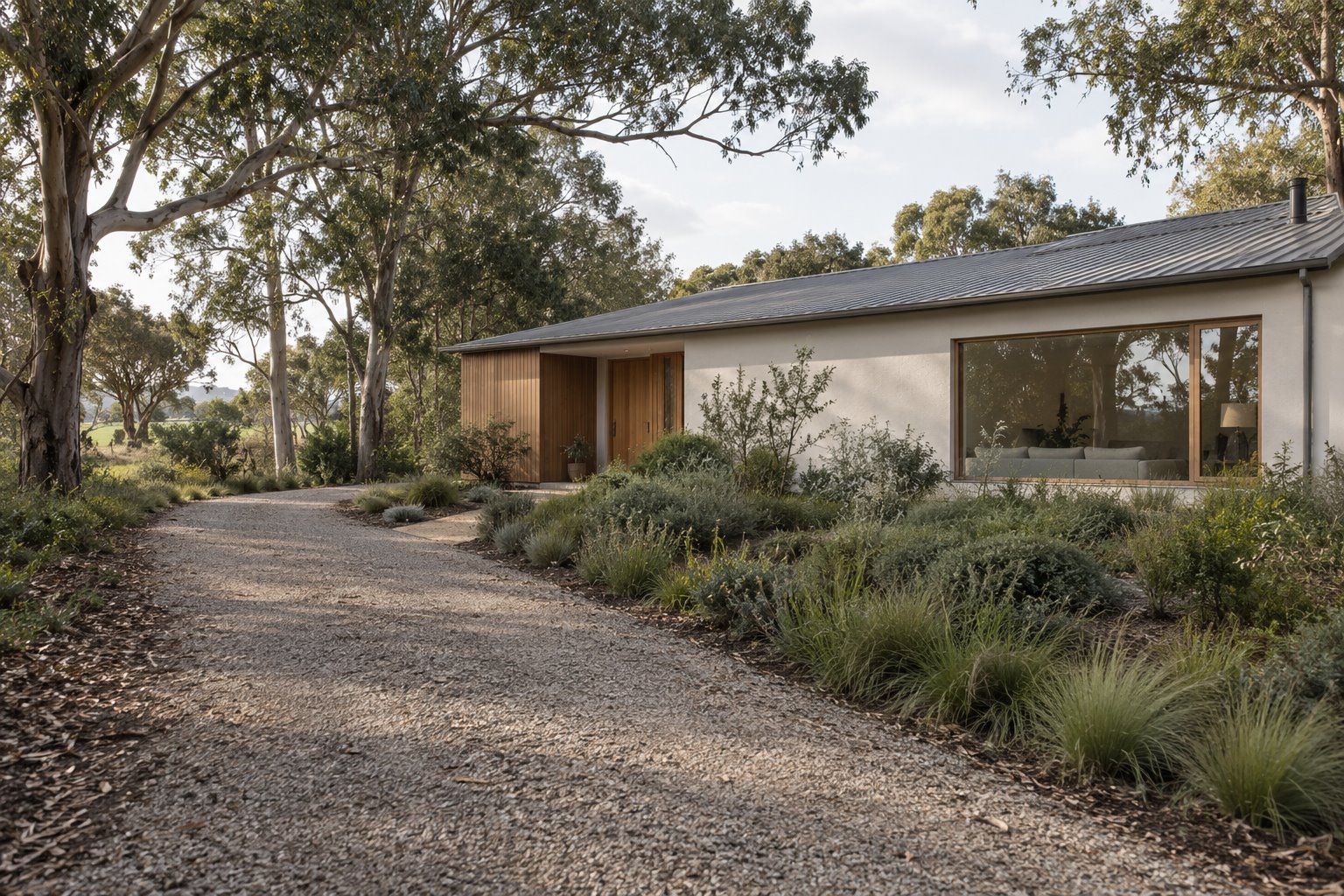 Architectural concept of a curving gravel approach beside a low white and timber home, with planting between the drive and living-room window.