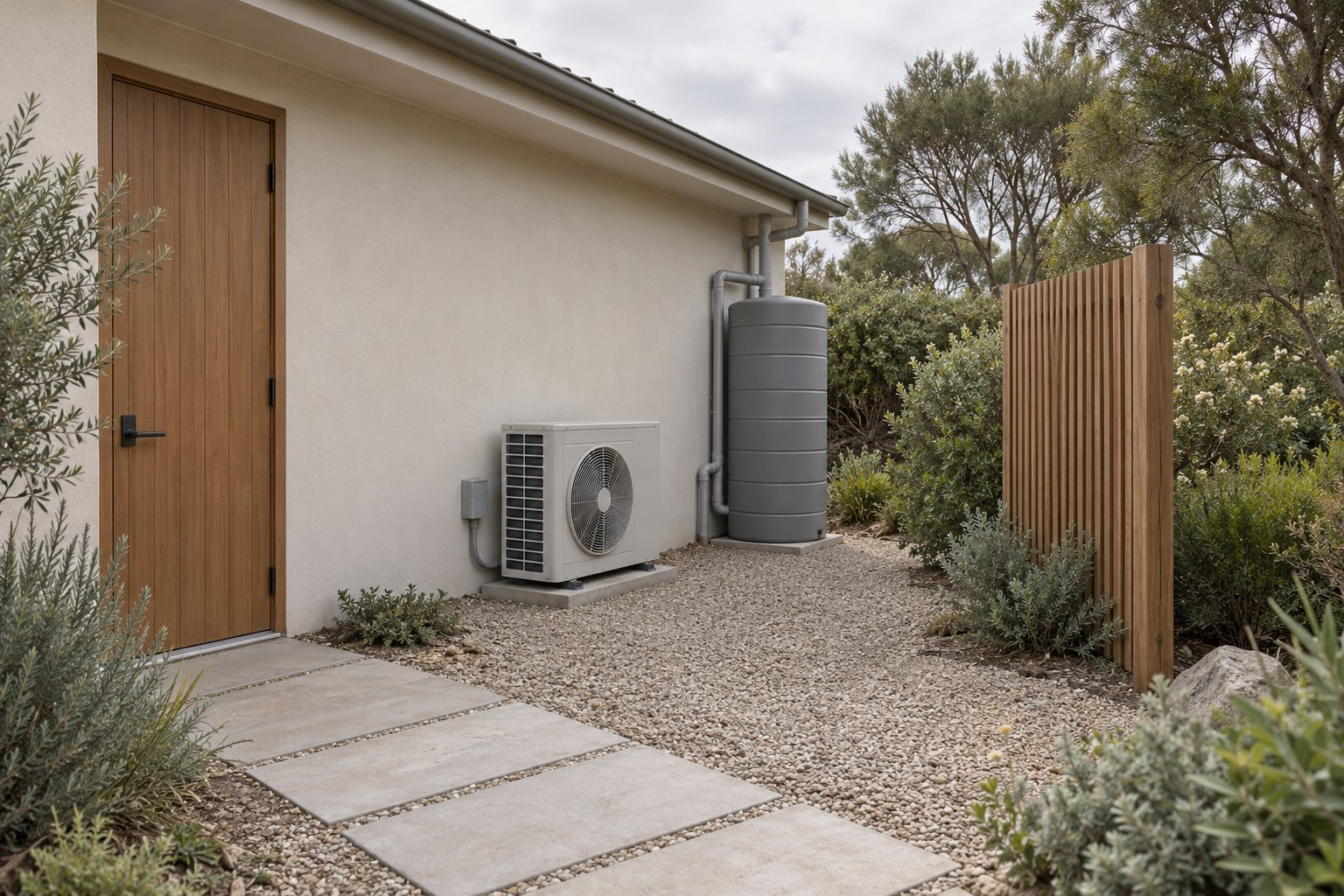 Architectural concept of an outdoor condenser and cylindrical water tank beside a pale house, with an open yard and short timber screen.