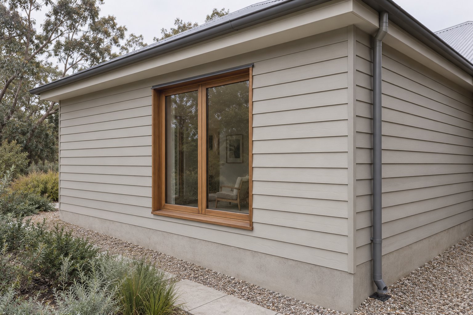 Architectural concept of a pale weatherboard corner, timber window surround, projecting eave, downpipe and gravel strip beside an exposed masonry base.