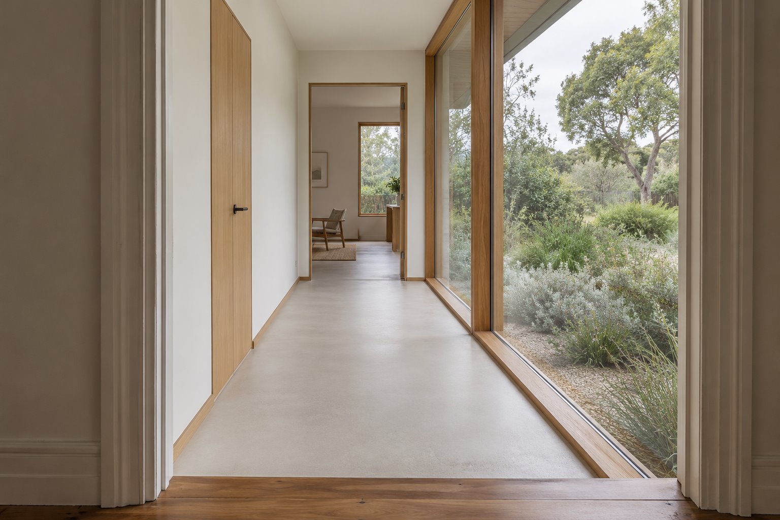 Architectural concept of a short passage with garden glazing on one side, a solid wall and oak cupboard opposite.