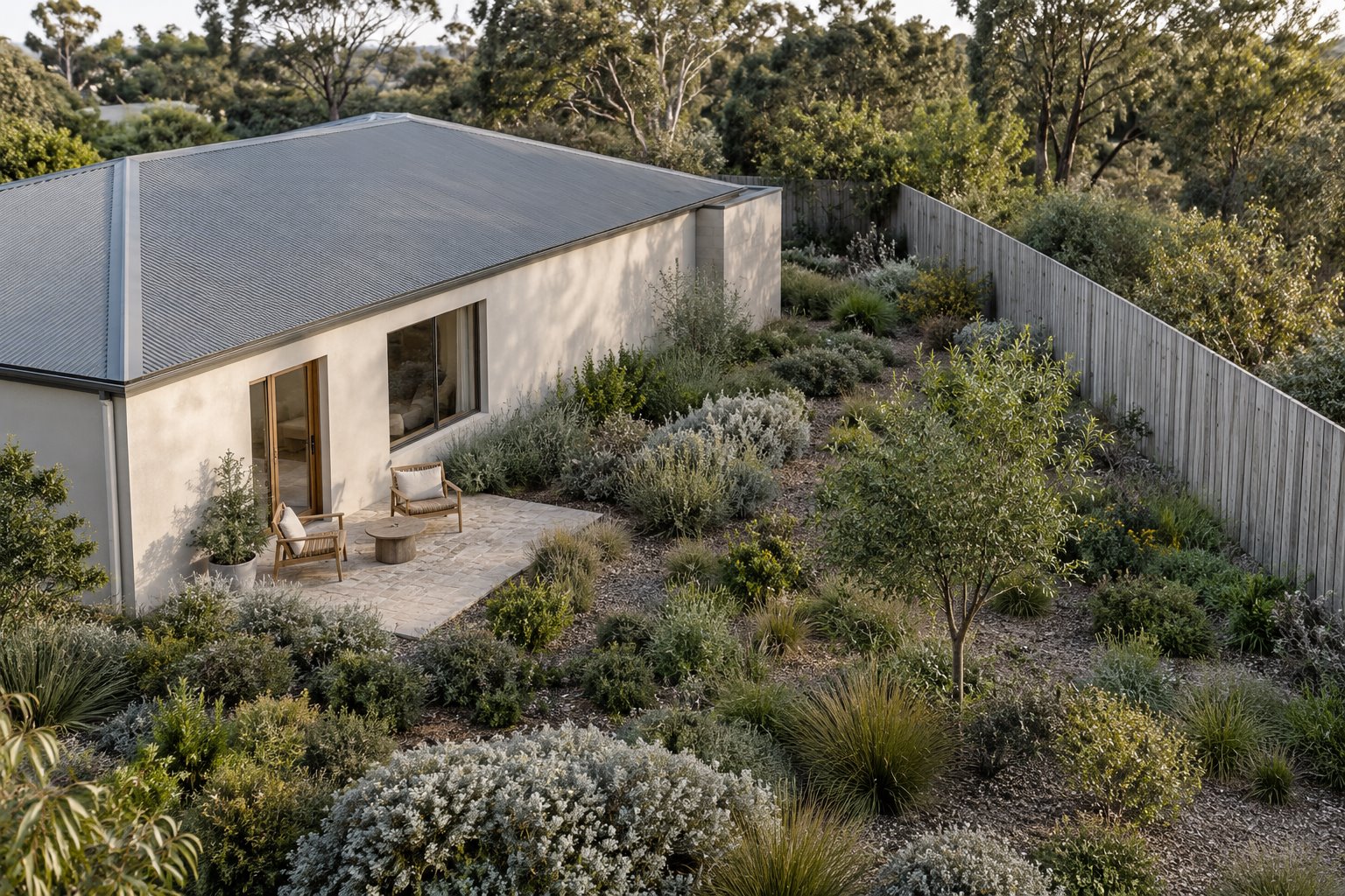 Architectural concept viewed obliquely from above, showing a straight house wall, small rectangular sitting pad and planted ground tapering beside an angled timber fence.