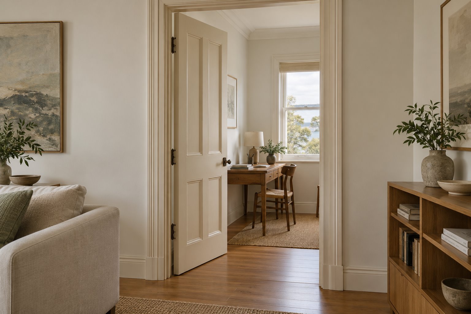 Architectural concept of an open painted panelled door between living room and study, with furniture kept clear of the doorway.