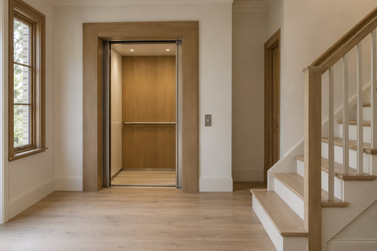 Architectural concept of an open domestic lift with a timber portal, a clear hall floor, garden window and adjacent timber stair.