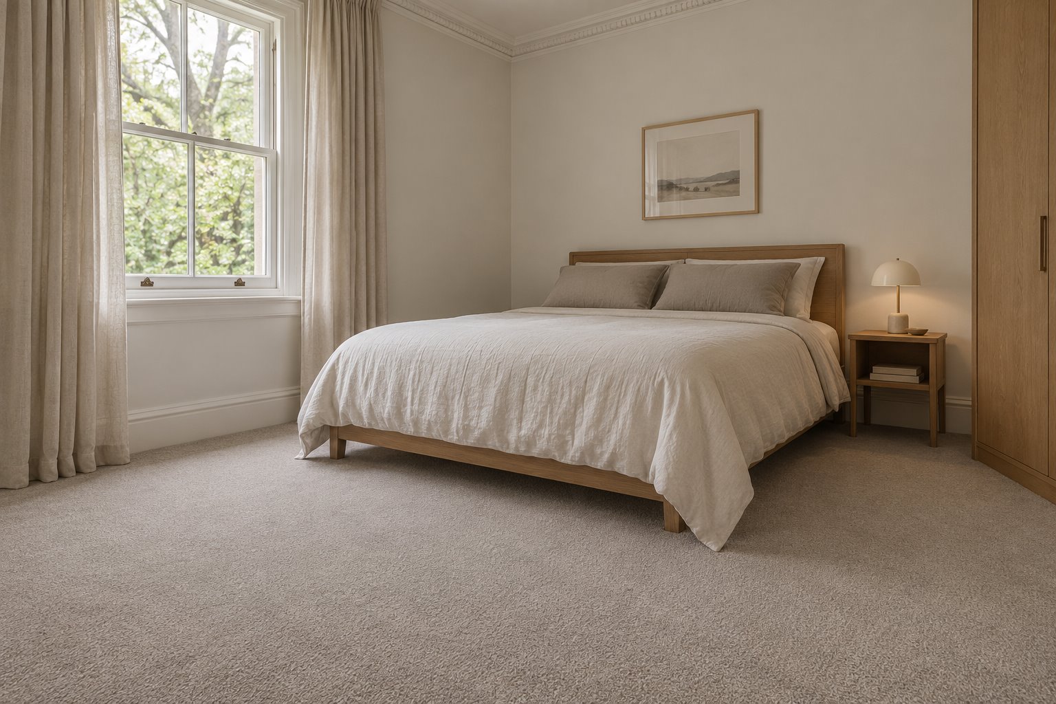 Architectural concept of an older apartment bedroom with wall-to-wall pale carpet, white skirting and cornice, oak bed and garden window.