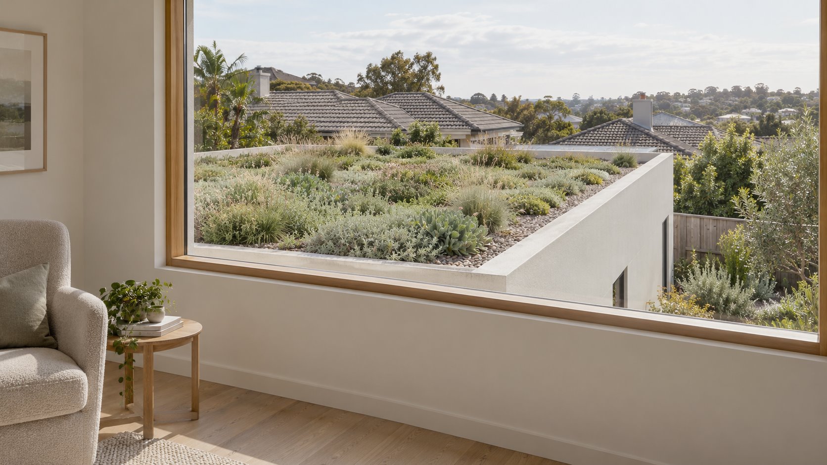 Architectural concept viewed through a timber-framed sitting-room window across low roof planting, with the white addition wall and ground garden visible beside it.