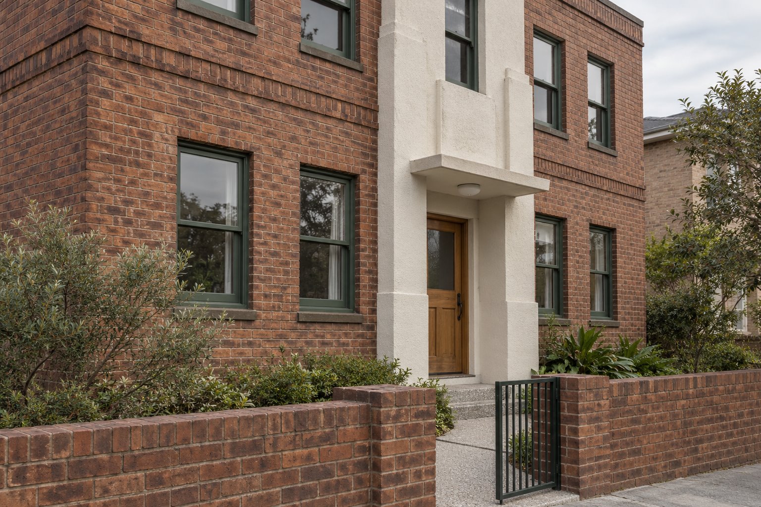 Architectural concept of an older red-brown brick flat building with a pale textured entry bay, dark painted windows and timber entrance door.
