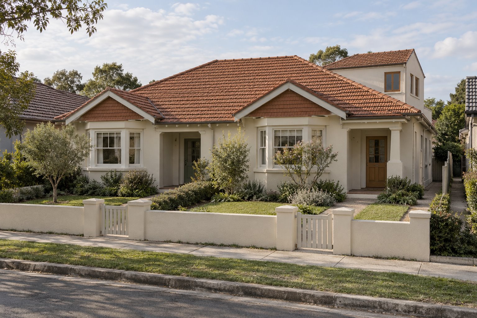 Architectural concept showing two cream-rendered semi-detached homes beneath red-tiled front roofs, with a small upper addition set behind the right-hand home.