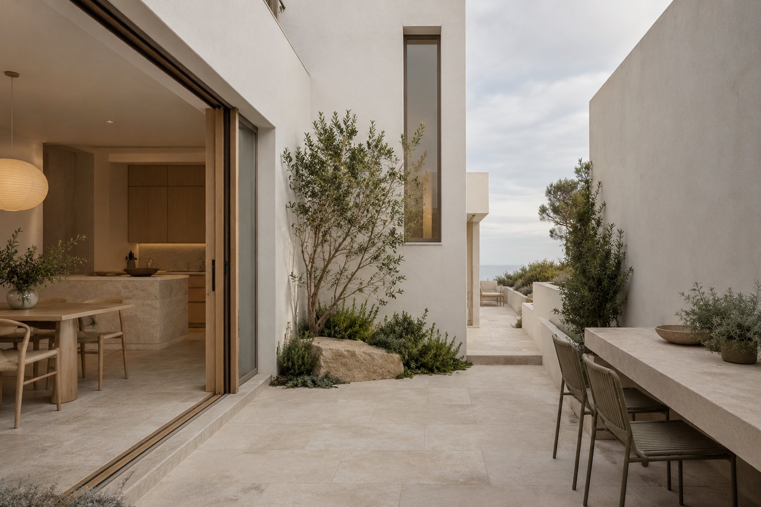 Architectural concept of a white coastal home with an enclosed dining courtyard and a more open terrace beyond.