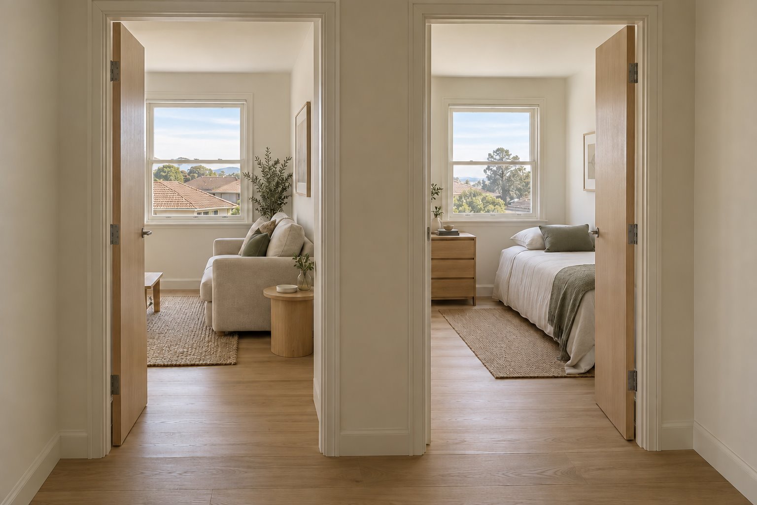 Architectural concept viewed from a hall through separate open timber doors to a small living room and bedroom, each with its own external sash window.