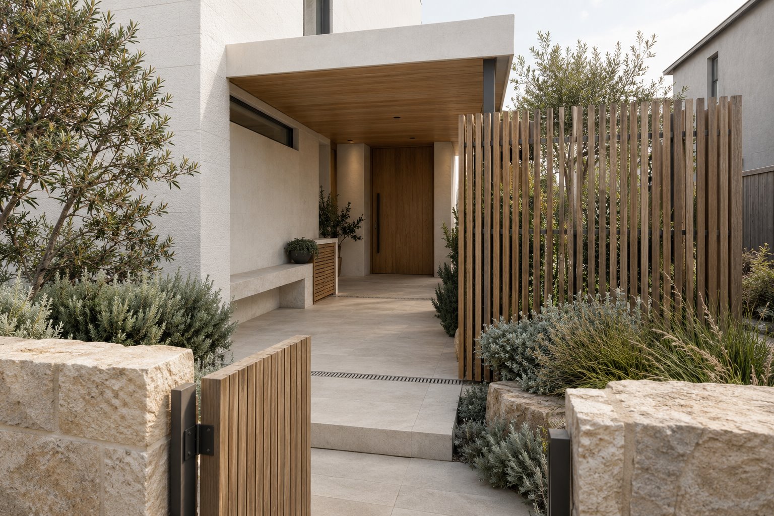 Architectural concept of a covered entrance with a timber door, stone bench, storage and screened side court.