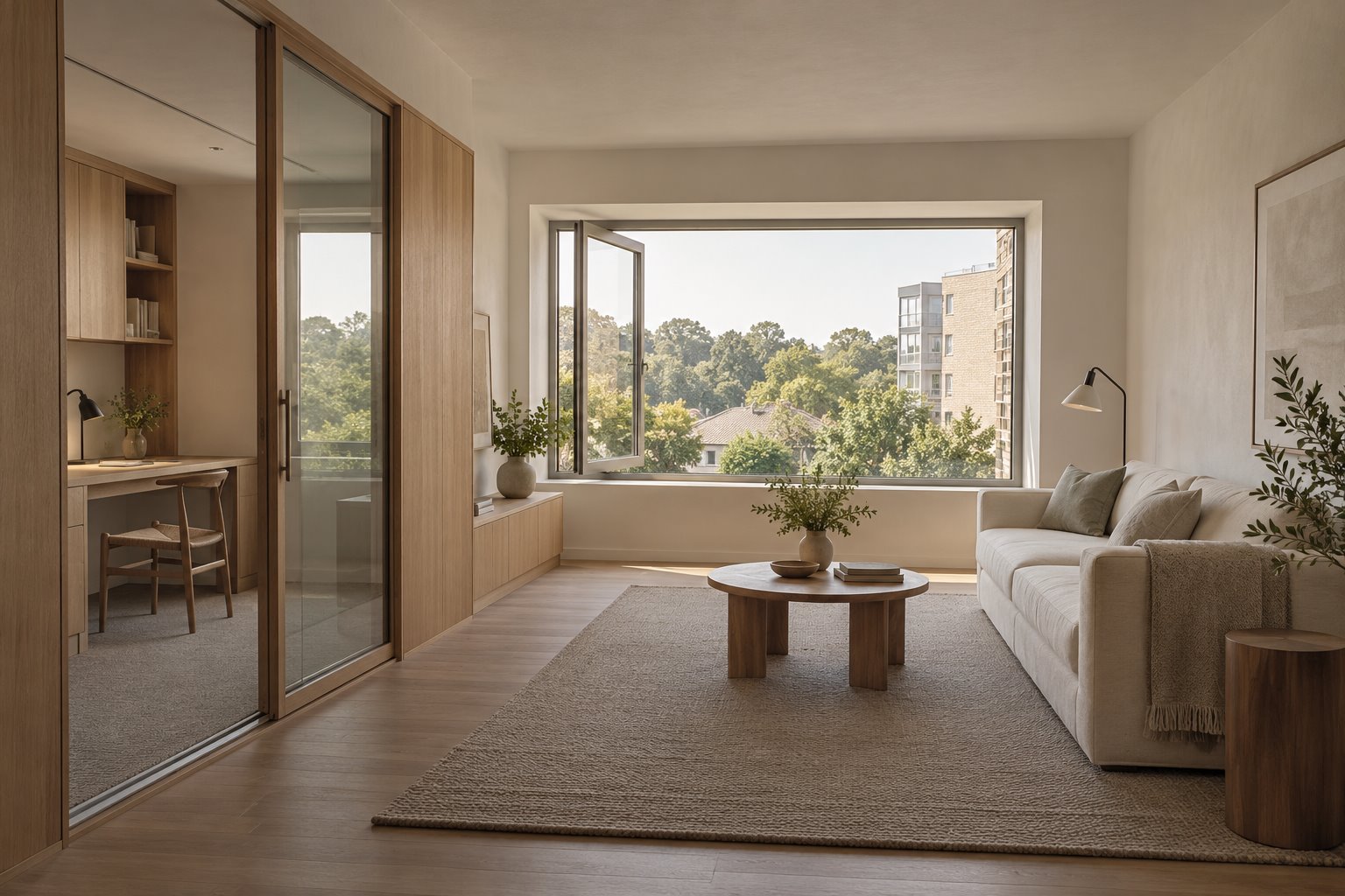 Architectural concept of a renovated apartment living room beside a separate glazed study and a broad operable window.