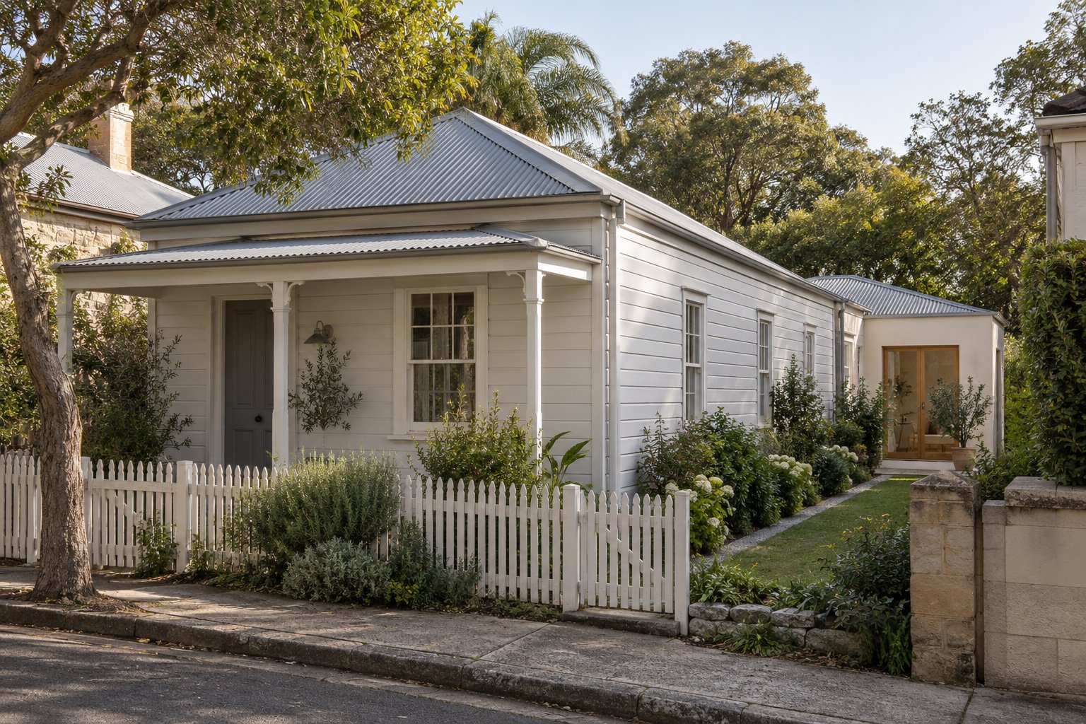 Architectural concept of a white weatherboard cottage with its side wall and hipped roof retained beside a small pale rear addition.