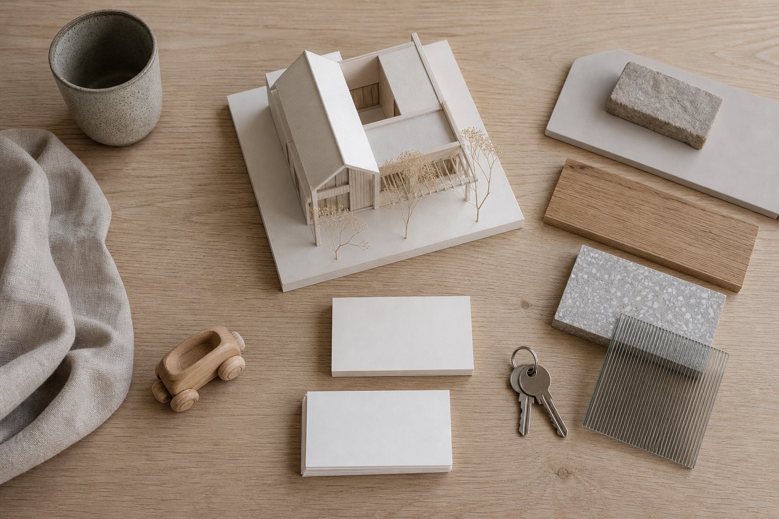 House model, blank priority cards, material samples, keys and a small wooden toy arranged for a residential brief.