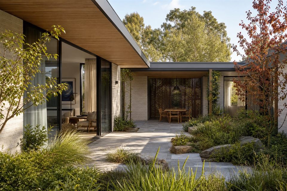 Energy-efficient courtyard house with deep eaves, timber screens and shaded glazing.