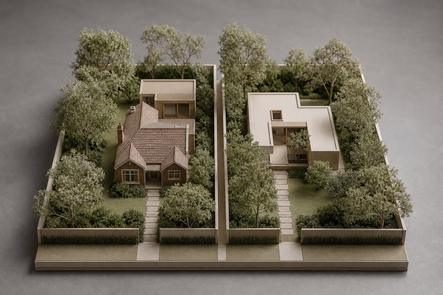 Paired site models comparing an existing brick house with an addition and a compact new courtyard home.