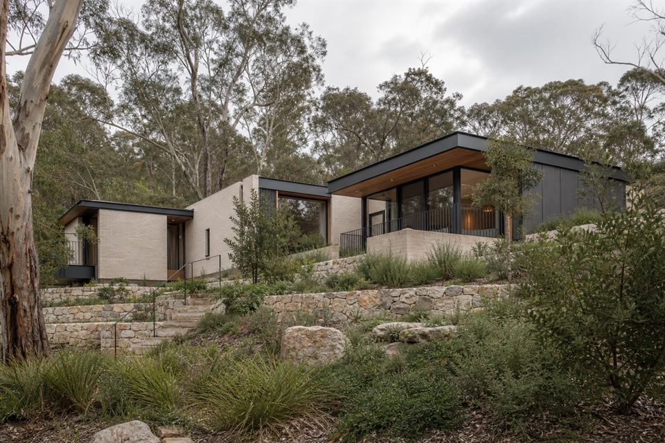 Contemporary family home stepped down a sloping eucalyptus site with stone garden terraces.