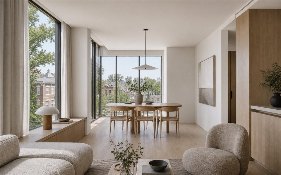 Warm contemporary apartment interior with integrated oak joinery and soft city light.