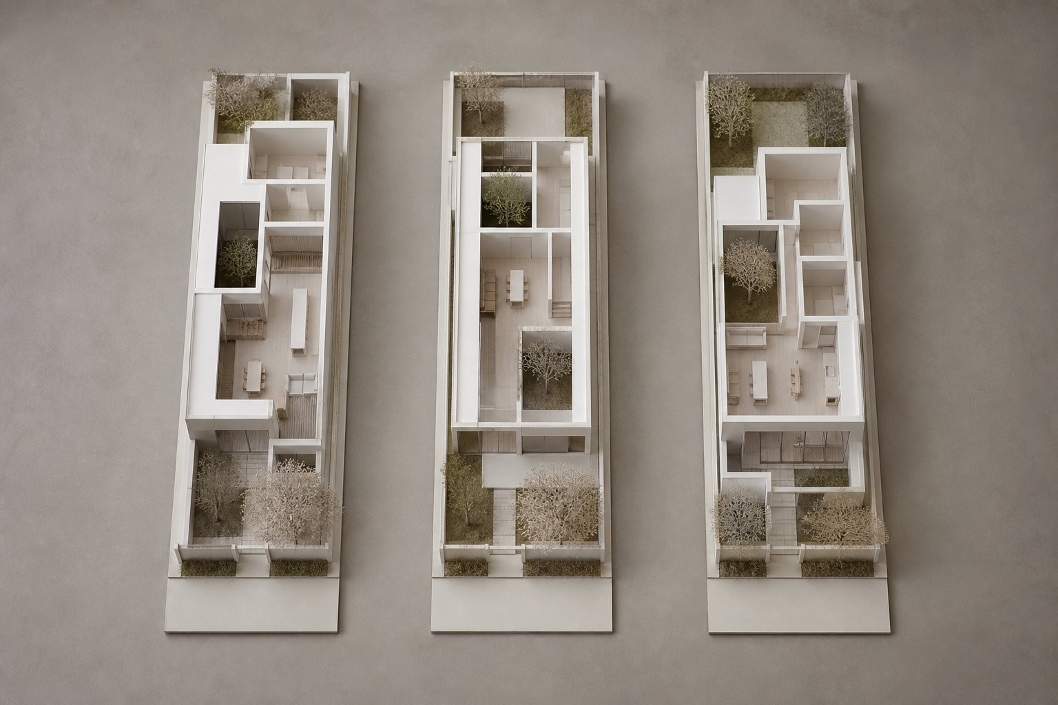 Three white-card house options testing different courtyard and daylight arrangements on the same narrow site.