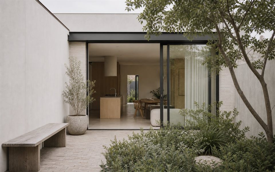 Contemporary garden house with pale masonry, deep glazing and layered courtyard planting.