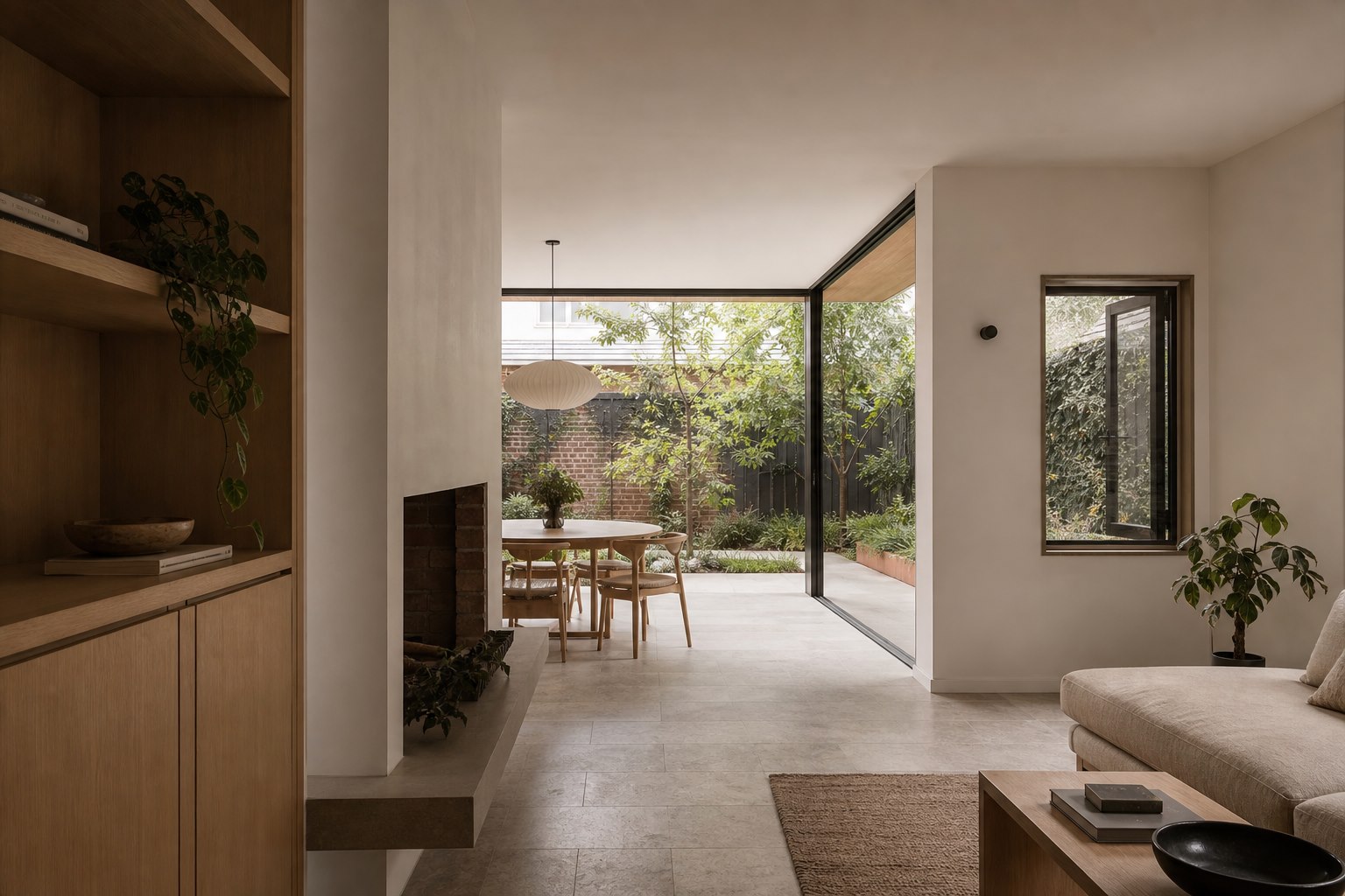 Calm Melbourne living room opening to a shaded garden courtyard through dark-framed glazing.