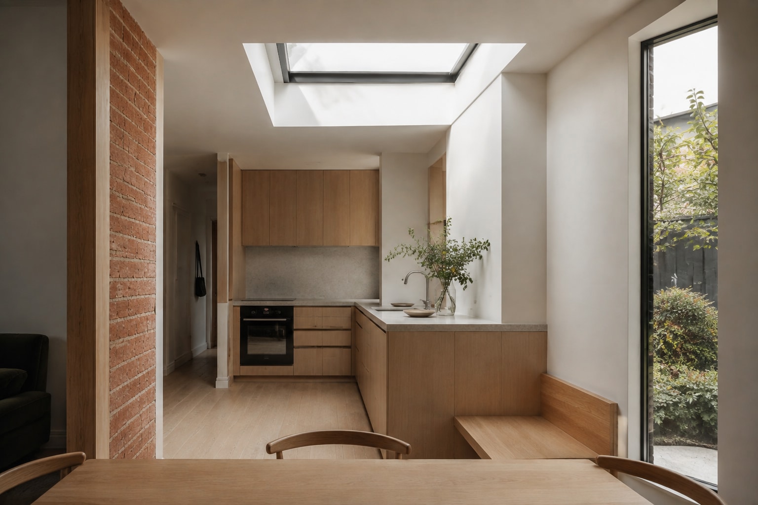 Conceptual renovated kitchen with a glazed rooflight, pale timber joinery and retained brickwork in soft natural light.