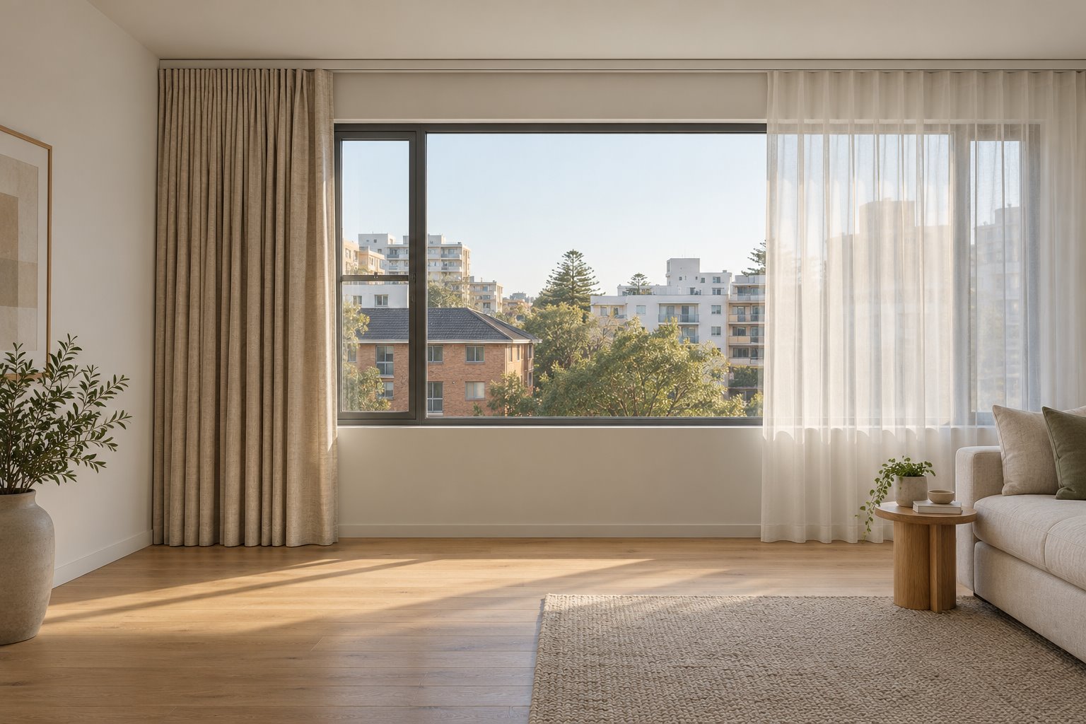 Architectural concept of an apartment window with opaque curtains gathered on the solid wall to its left and a separate sheer layer across the right.