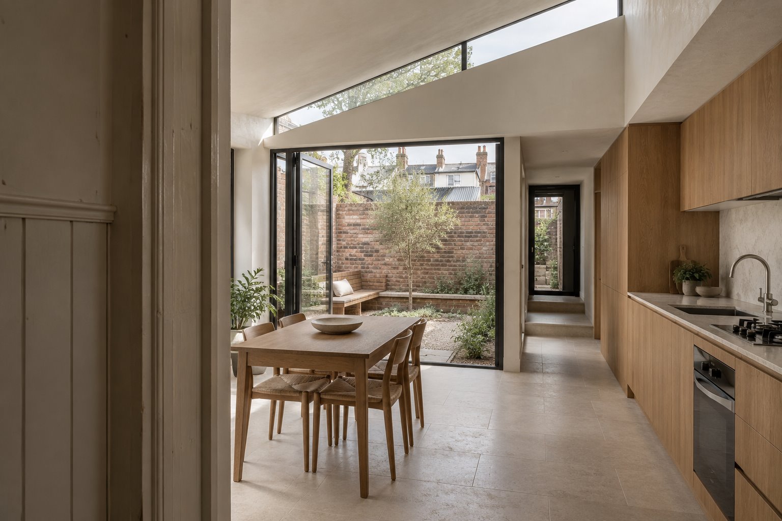 Architectural concept of a narrow kitchen and dining addition with timber cupboards, a high strip window and glazed doors to a small brick-walled courtyard.