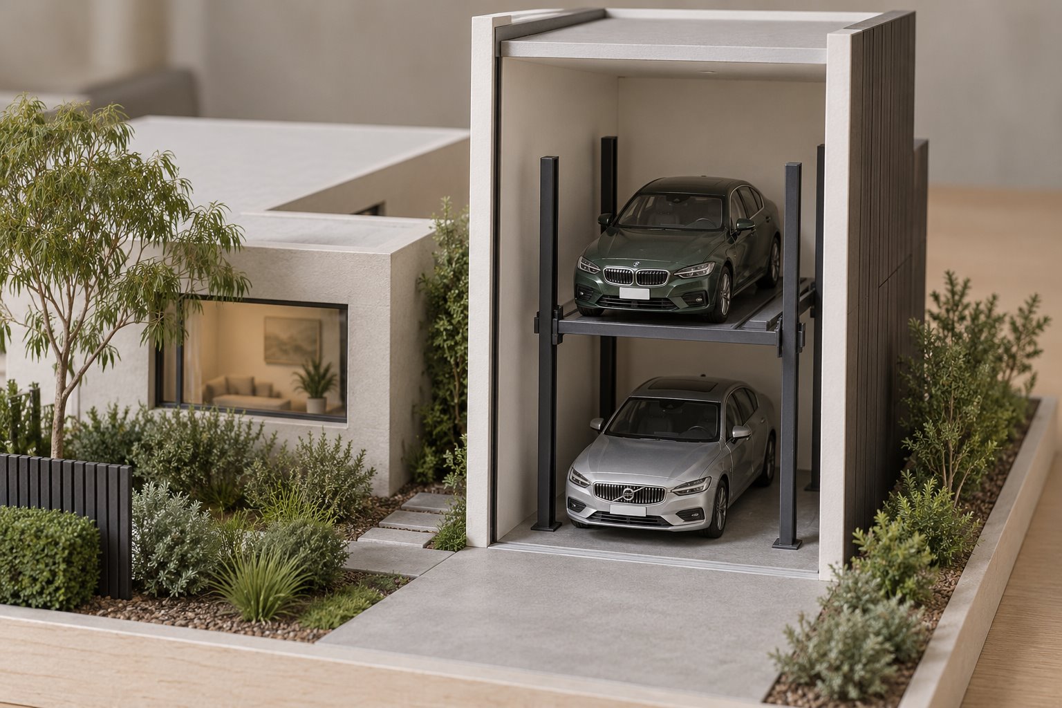 A sectional architectural model shows two cars parked vertically on a steel platform arrangement within a tall garage beside a lower house and garden.