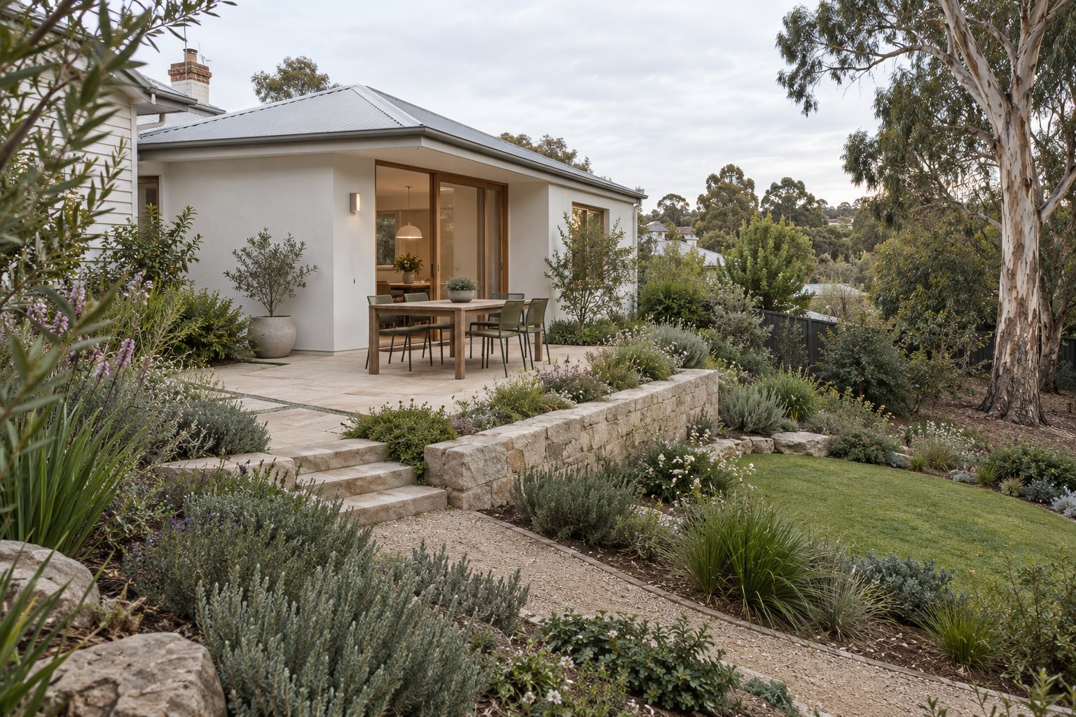 Architectural concept of a modest house addition beside a dining terrace, low stone retaining wall, broad steps and a lower planted garden.