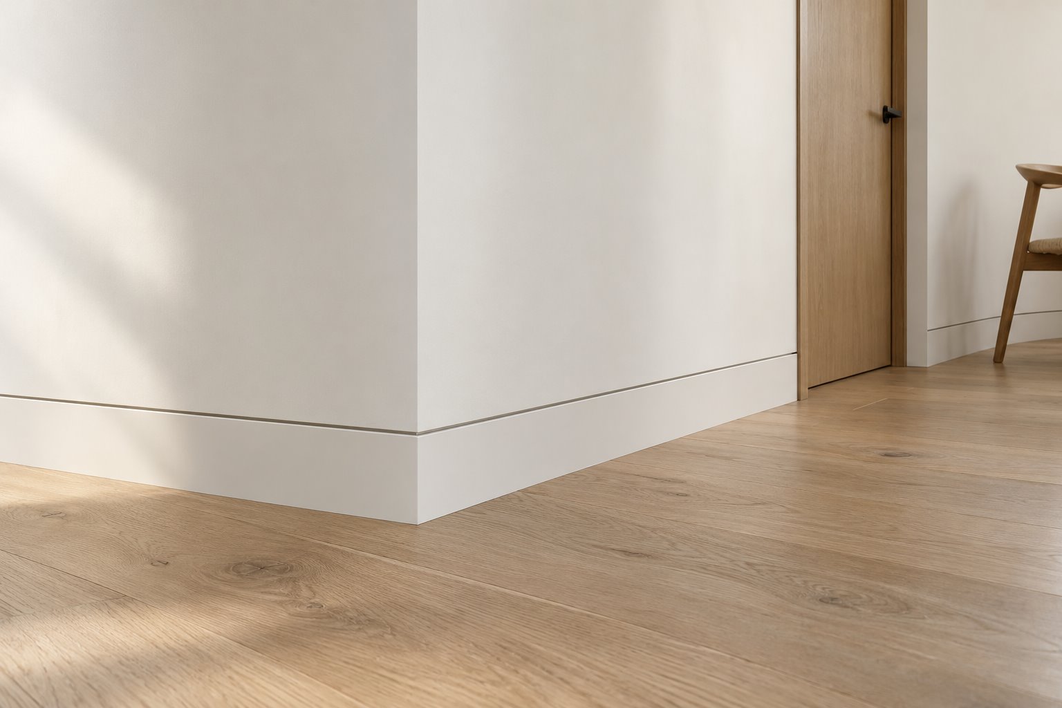 A flush white skirting band meets oak floorboards and turns a wall corner, with a fine shadow above and a deliberate end beside a timber door.