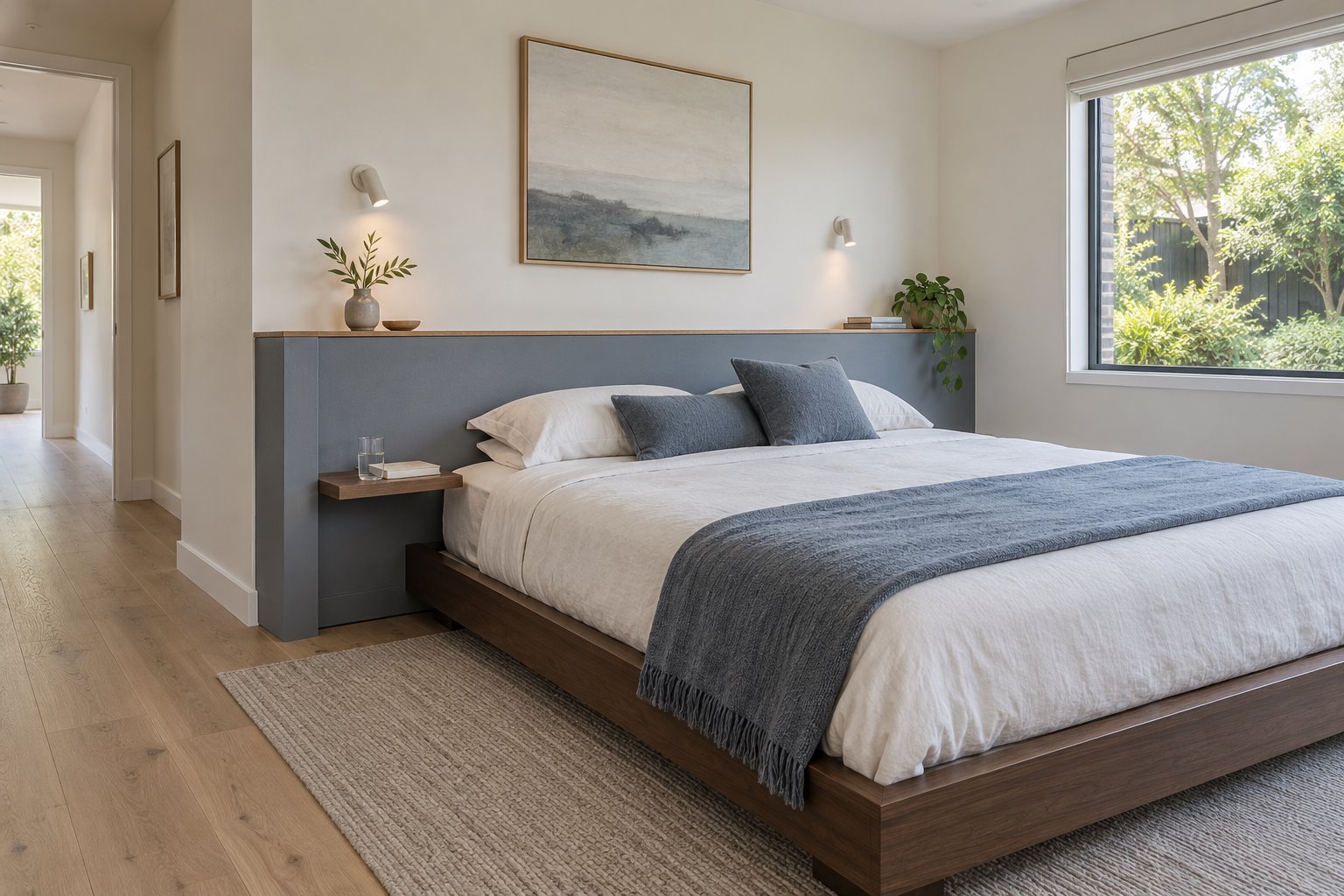 Contemporary blue-grey fitted bedhead wall with a shallow timber top, a separate lower bedside shelf and a visible end return, behind a walnut bed beside a garden window.