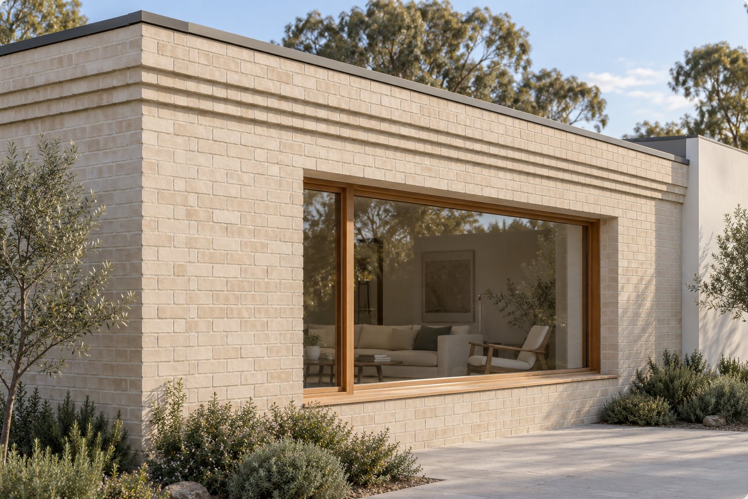 Modern pale brick garden-room wall with projecting stepped courses near its capped upper edge, turning a corner above a deeply recessed timber-framed window.