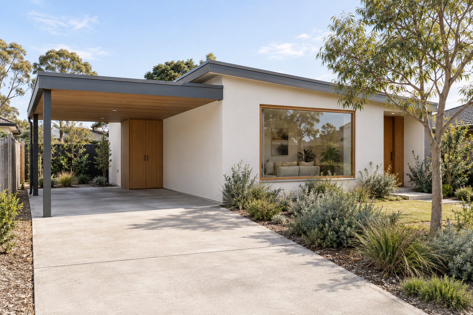 Contemporary home concept with an open single carport on the left, a compact closed timber store at its rear and a separate house entrance on the right.